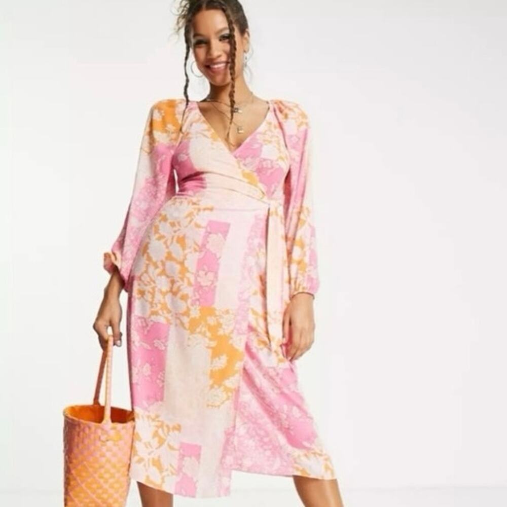 ASOS Design Pink Orange Patchwork Floral Wrap Midi Dress Size US 2